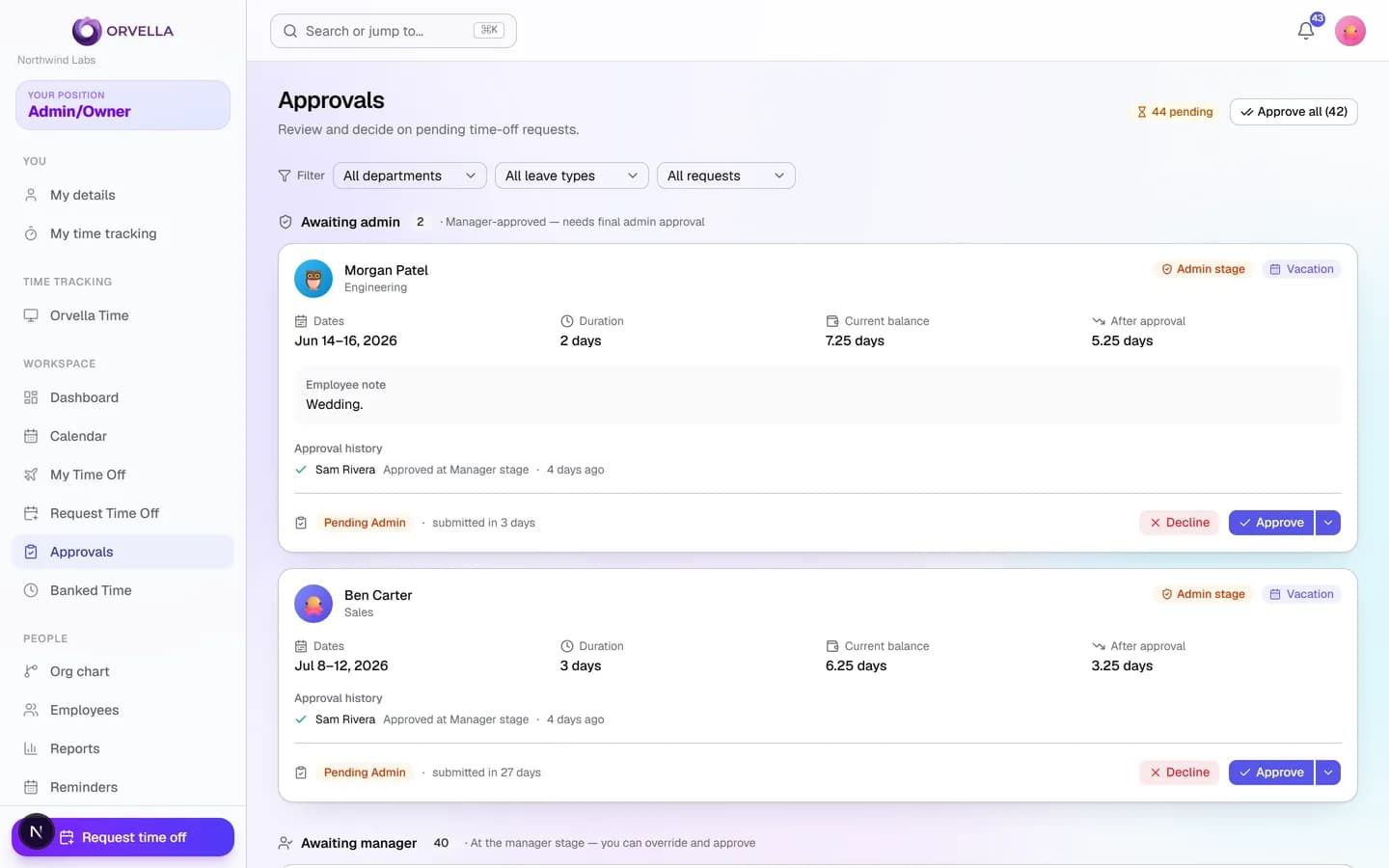Orvella approvals screen showing current and after-approval balances, approval history, and manager-to-admin routing