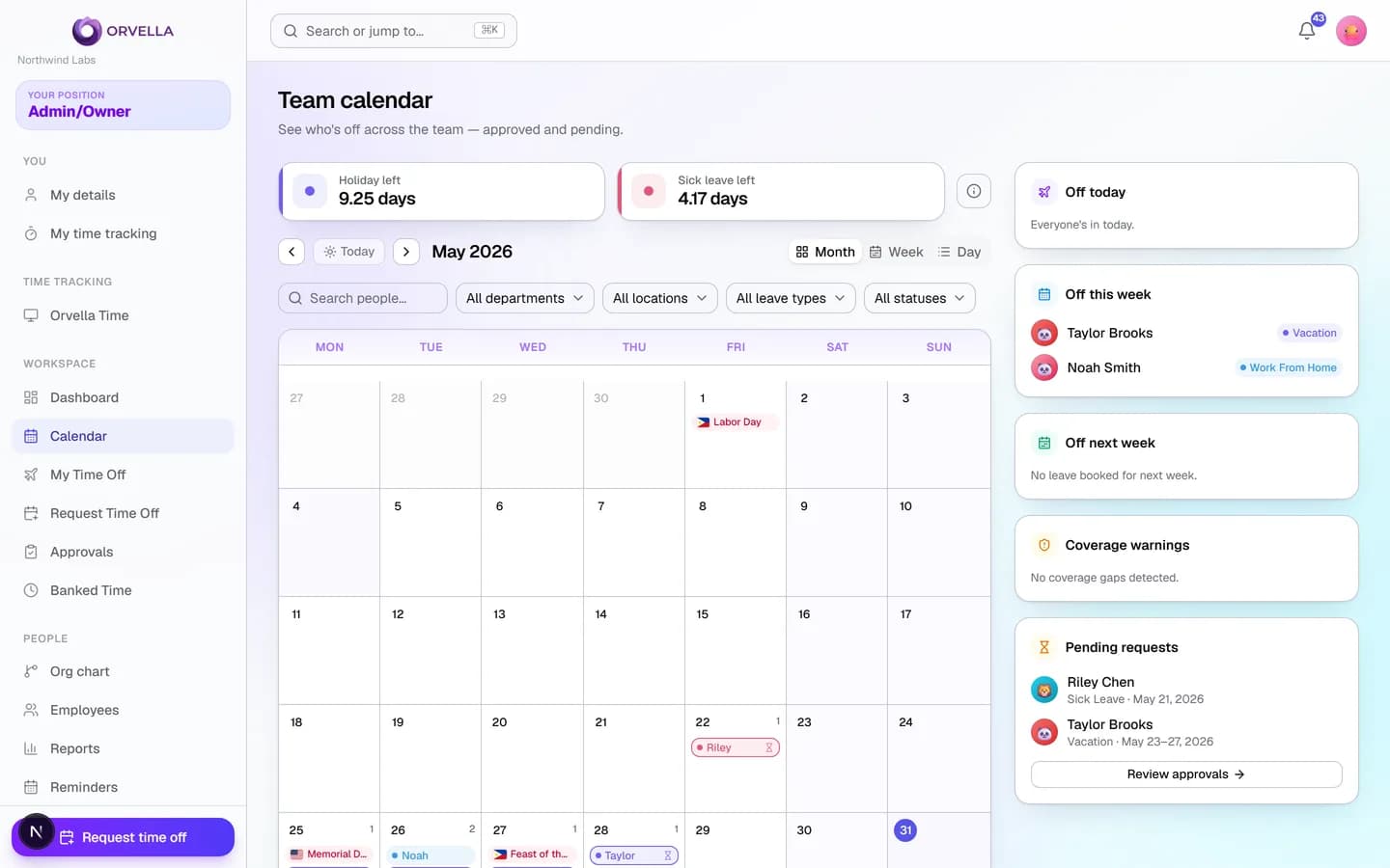 Orvella team calendar showing who's off, public holidays, coverage warnings, and pending requests