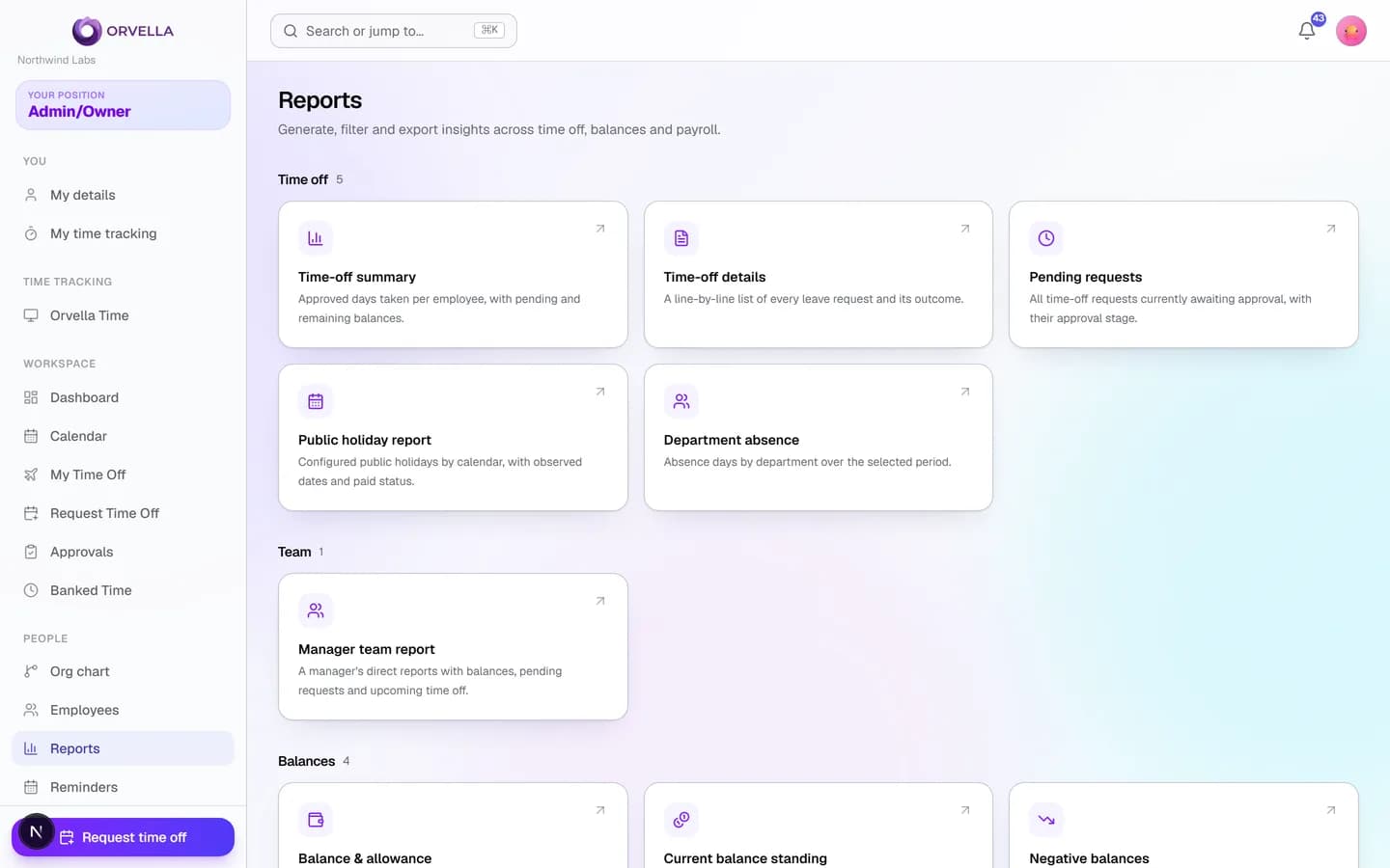 Orvella reports screen with balance, PTO liability, accrual, and pending-approval reports ready to export